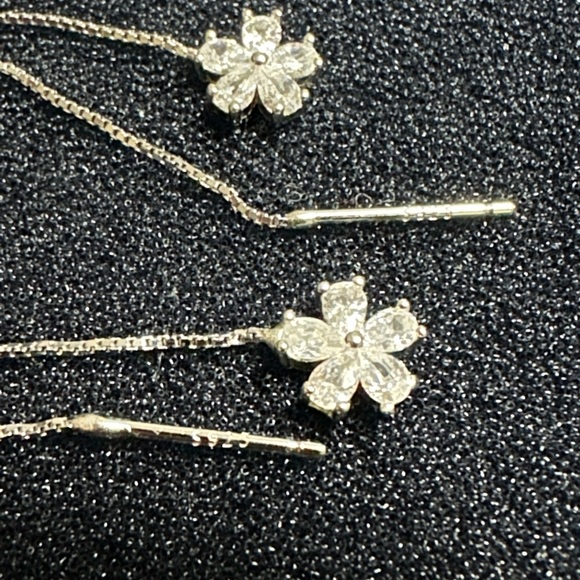 925 Silver Glamorous CZ Flower Drop Thread Earrings - Picture 11 of 15